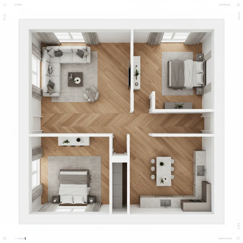 3D digital floor plan showing flooring layout across multiple connected rooms