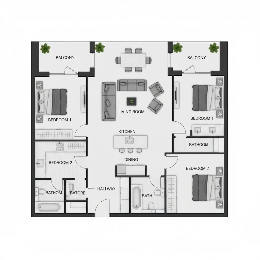 Top view digital floor plan layout showing furniture placement and room measurements
