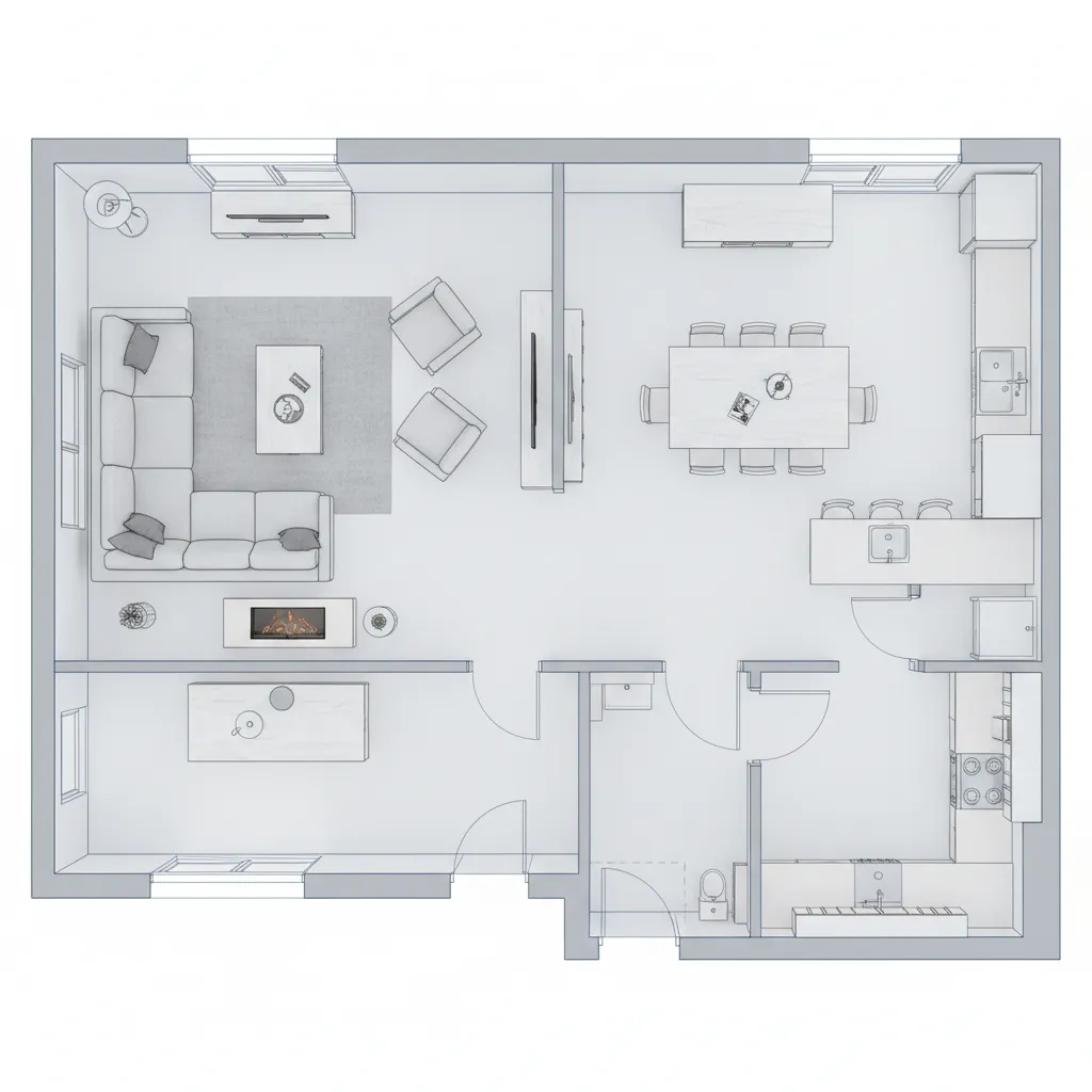 Interior layout zoning example with living dining and kitchen areas in a digital floor plan
