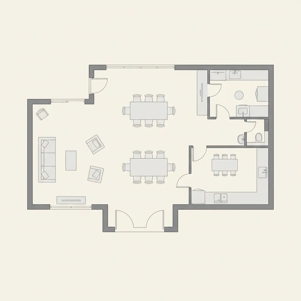 Top view digital floor plan showing zoning of living room kitchen and dining areas