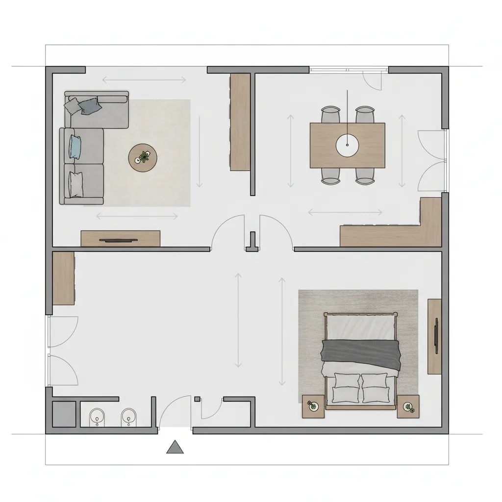 Top view floor plan showing furniture zones and walking paths