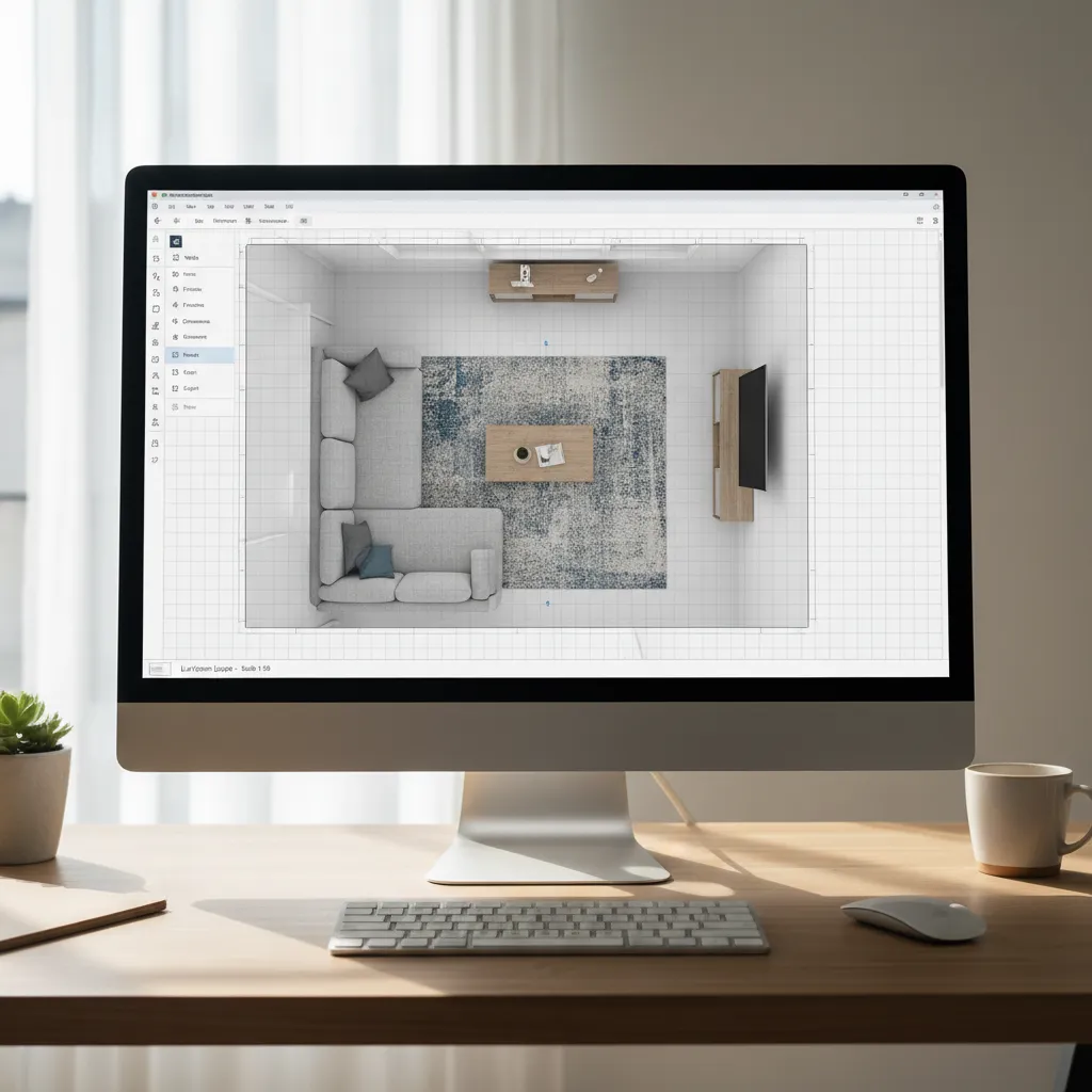Digital floor planner interface showing a living room layout with furniture placement