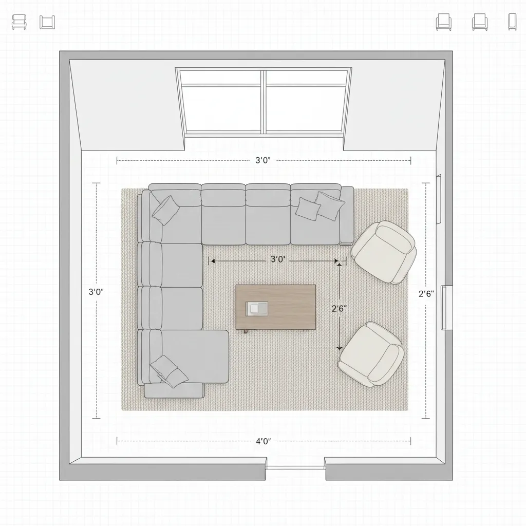 digital living room floor plan layout with sofa coffee table and walking space measurements