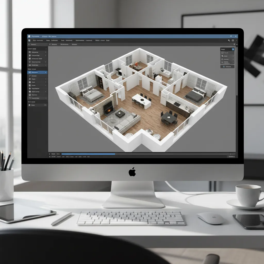 3D digital floor plan model displayed on computer screen for house layout