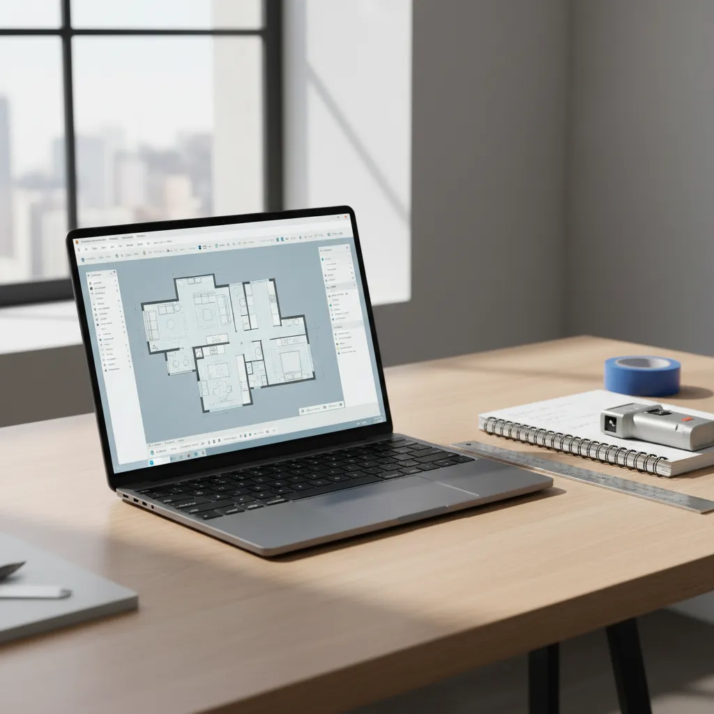 Digital floor plan displayed on laptop during interior planning