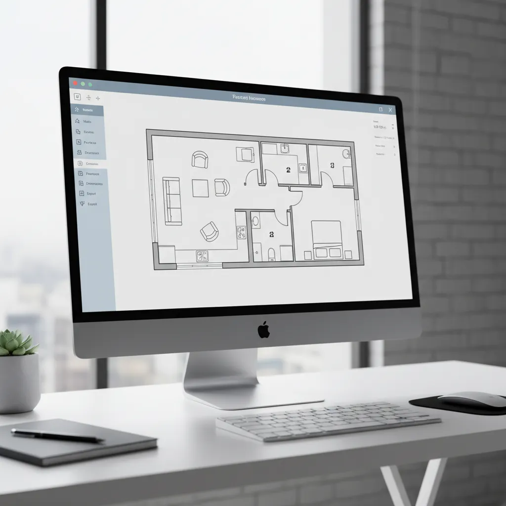 Digital interface showing beginner floor plan layout with measured walls and furniture