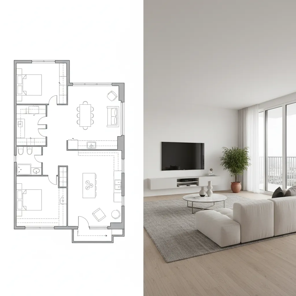 Comparison showing a 2D floor plan next to a 3D interior design drawing living room