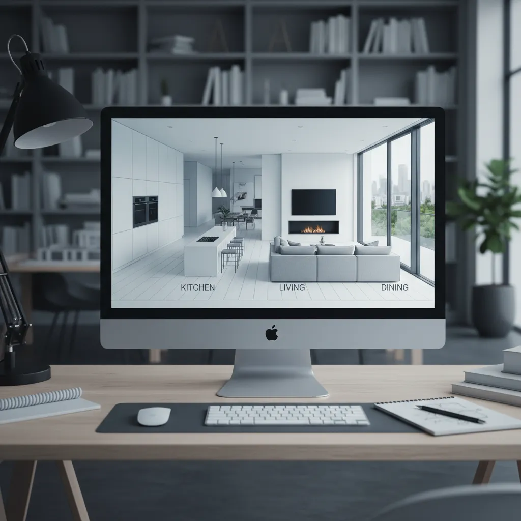 digital floor plan visualization of kitchen and living room remodel layout