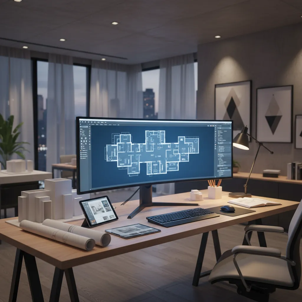 Wide computer monitor displaying a digital house floor plan layout on a wooden office desk