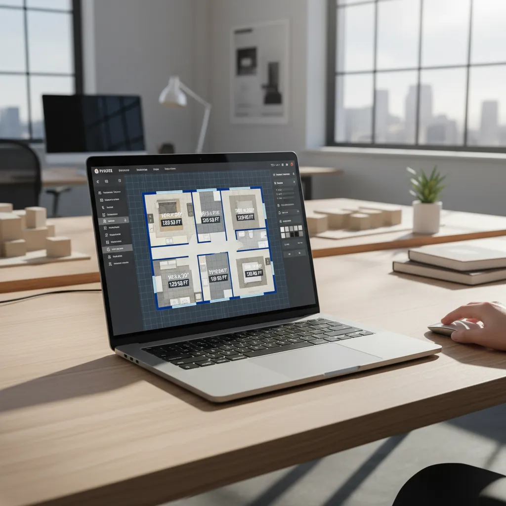 Laptop displaying a digital floor plan with measured rooms and square footage labels
