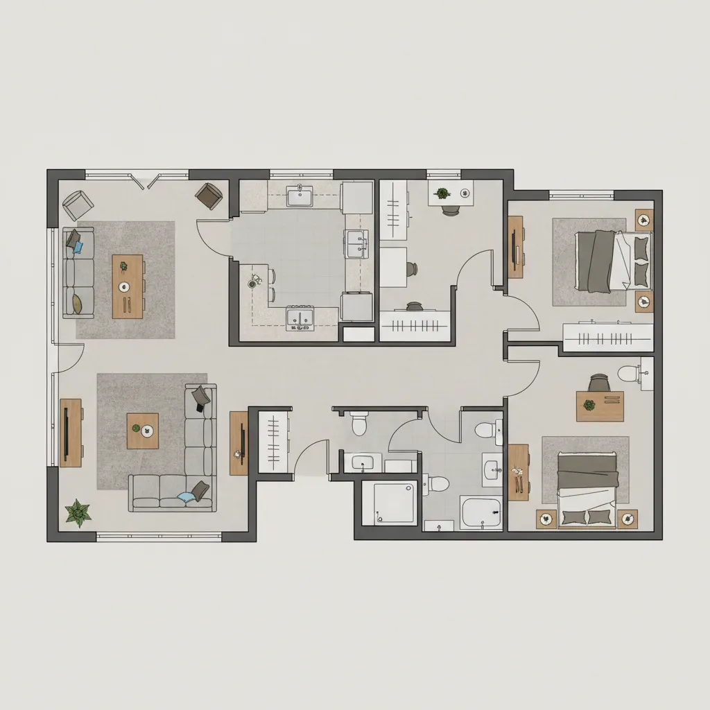 top view digital apartment floor plan with labeled rooms and furniture layout