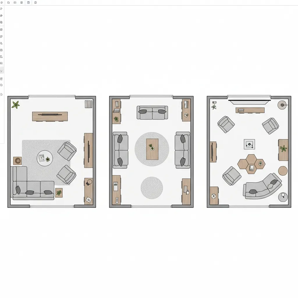 multiple digital floor plan layout variations for a living room