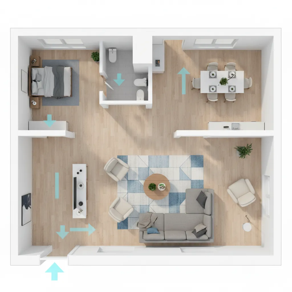 digital floor plan showing living room furniture zones and walking paths