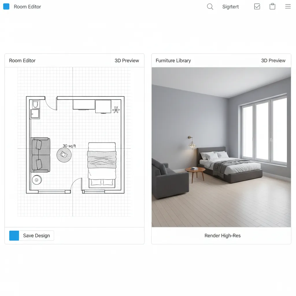 Digital floor planning software visualizing a compact 30 square foot room layout