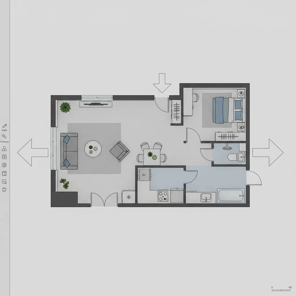 Digital floor plan layout planning furniture circulation paths in a small home