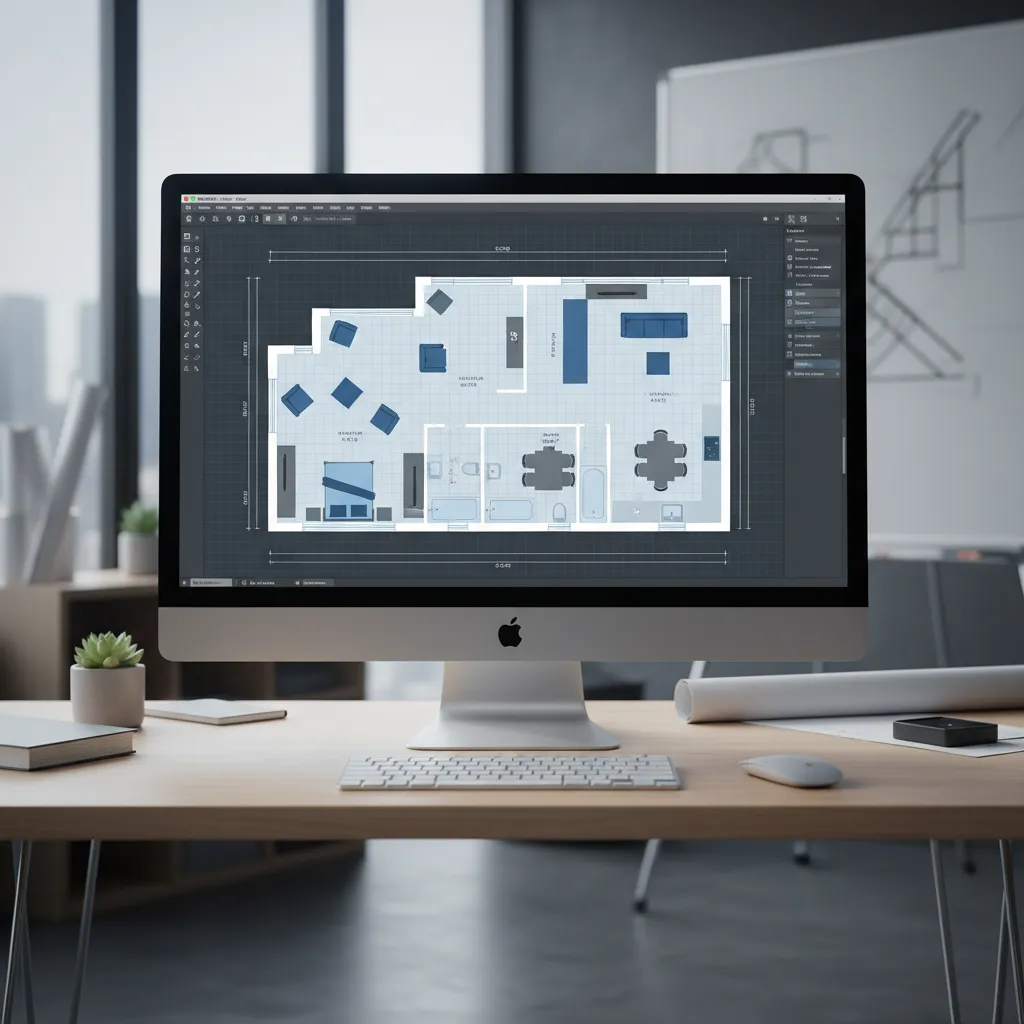 Computer screen showing professional floor plan design interface with room layout