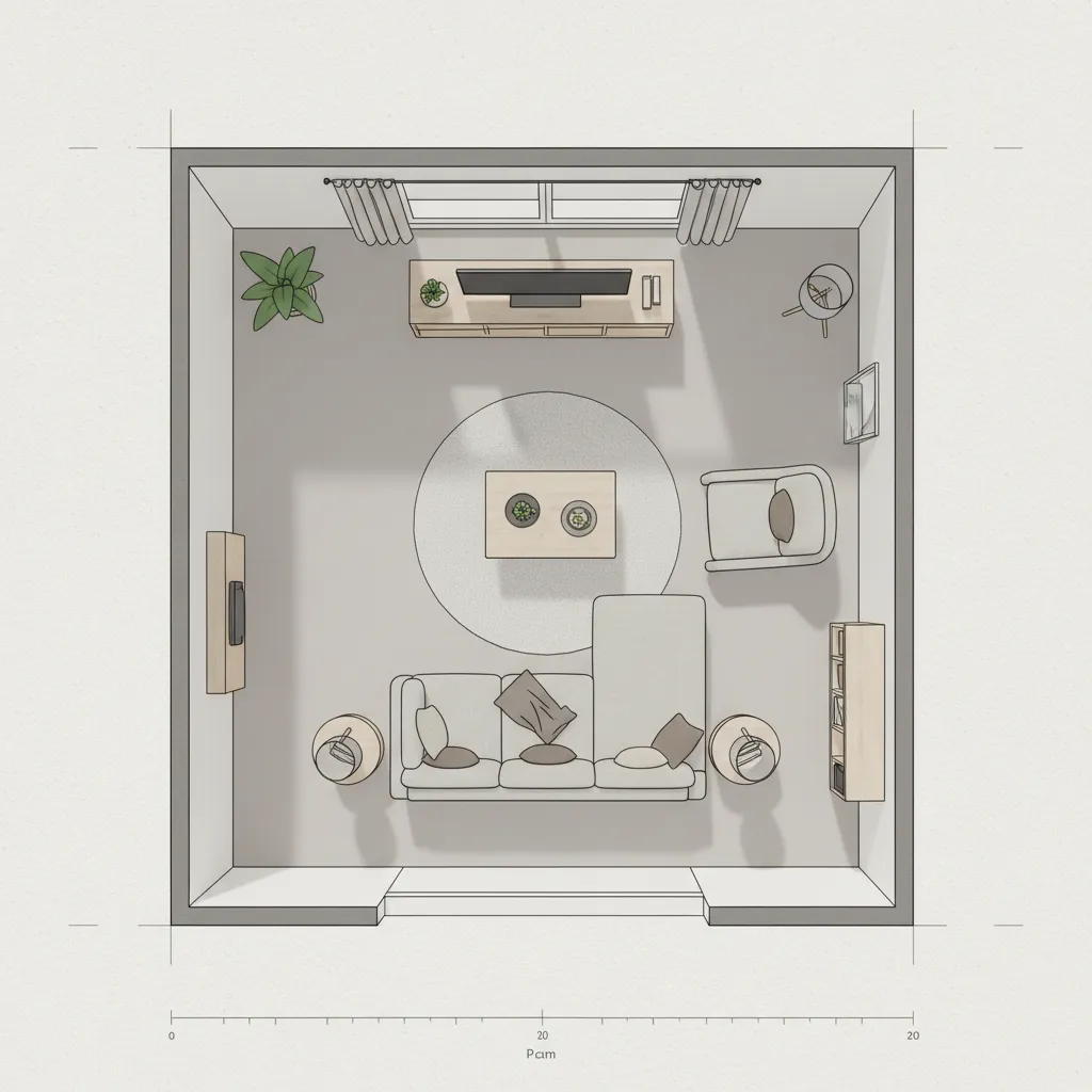 Digital floor plan showing furniture placement and walking paths in a living room layout