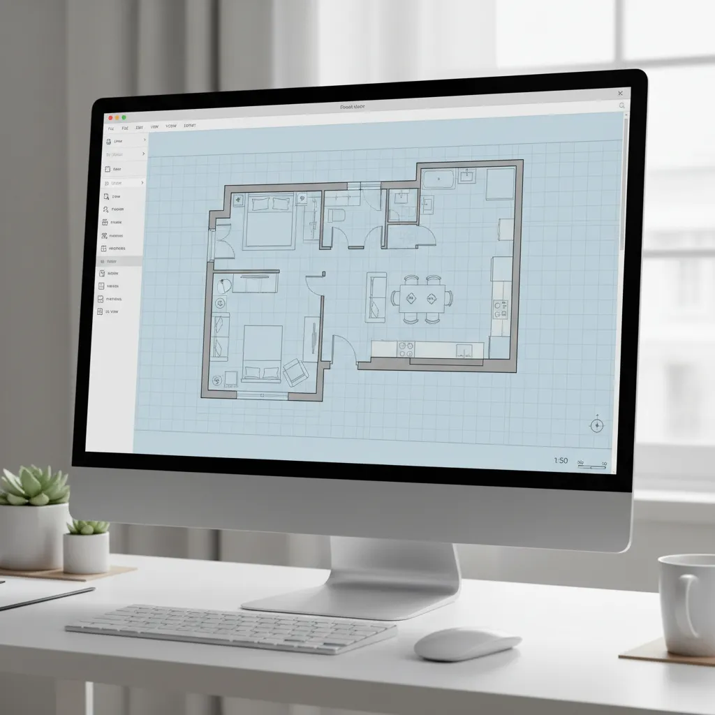 computer screen showing drag and drop floor plan creator interface with room layout