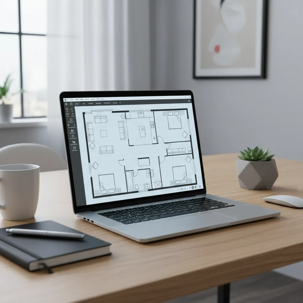 Laptop showing online floor plan creator interface with house layout grid