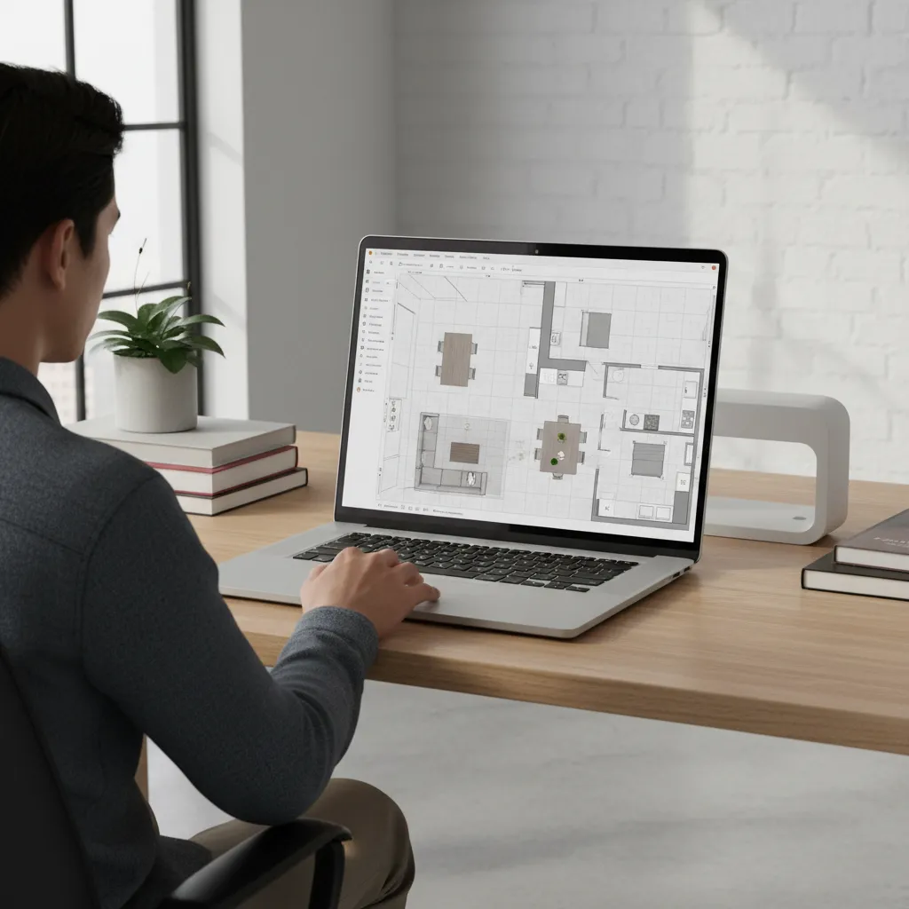 Person using an online floor plan design tool to create a home layout
