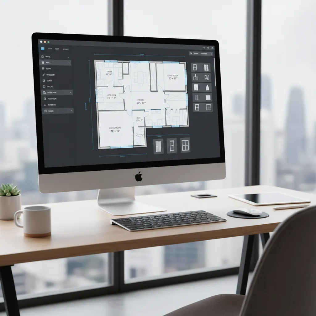 Computer screen showing a floor plan creator interface with room layout and measurements