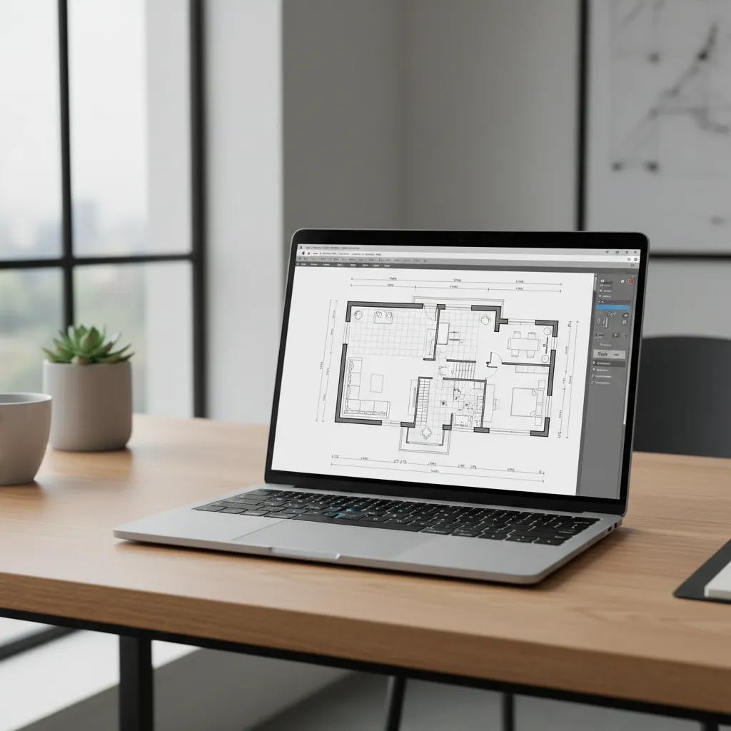 Laptop displaying a digital floor plan creator interface with room layout and furniture icons