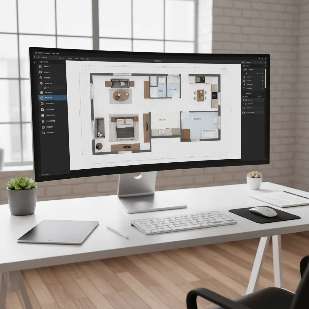 computer screen displaying digital floor plan creator interface with room layout tools