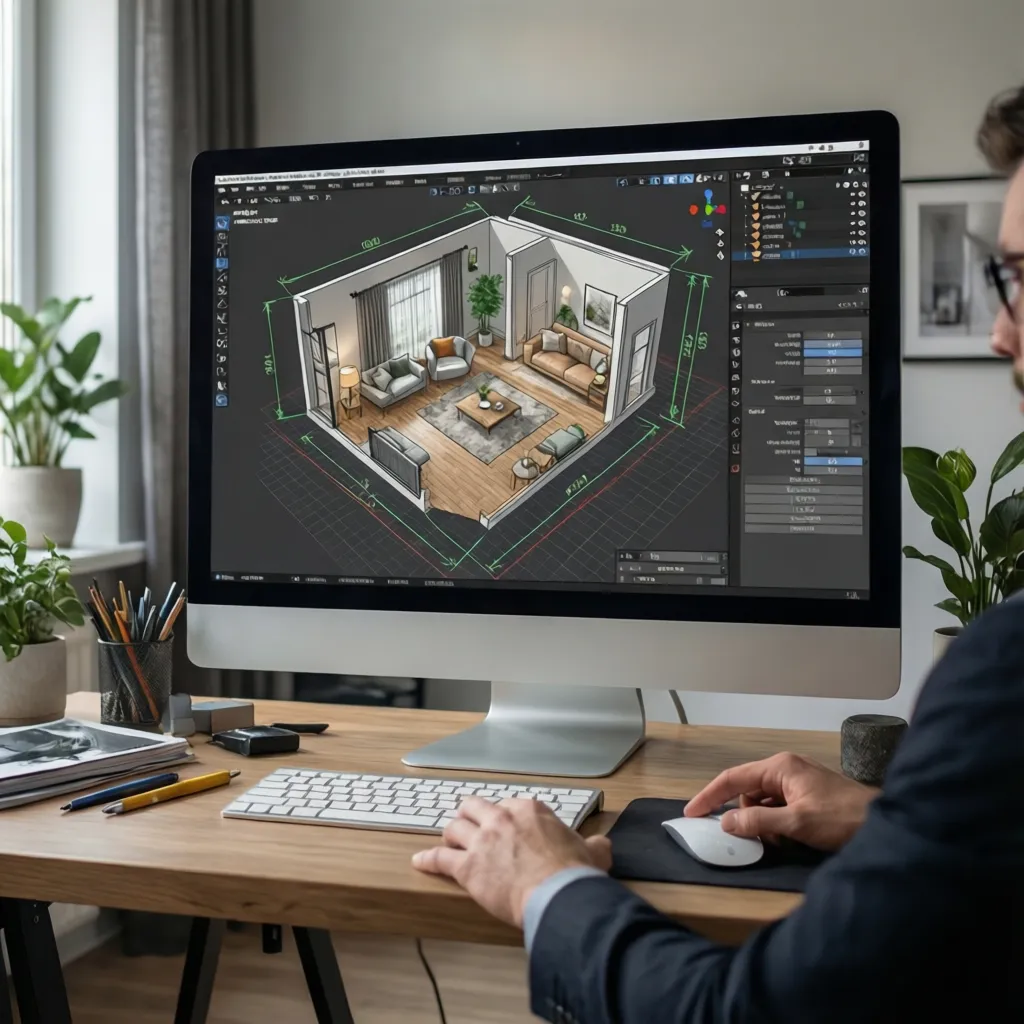 Designer using digital floor planning software to measure wall lengths for trim