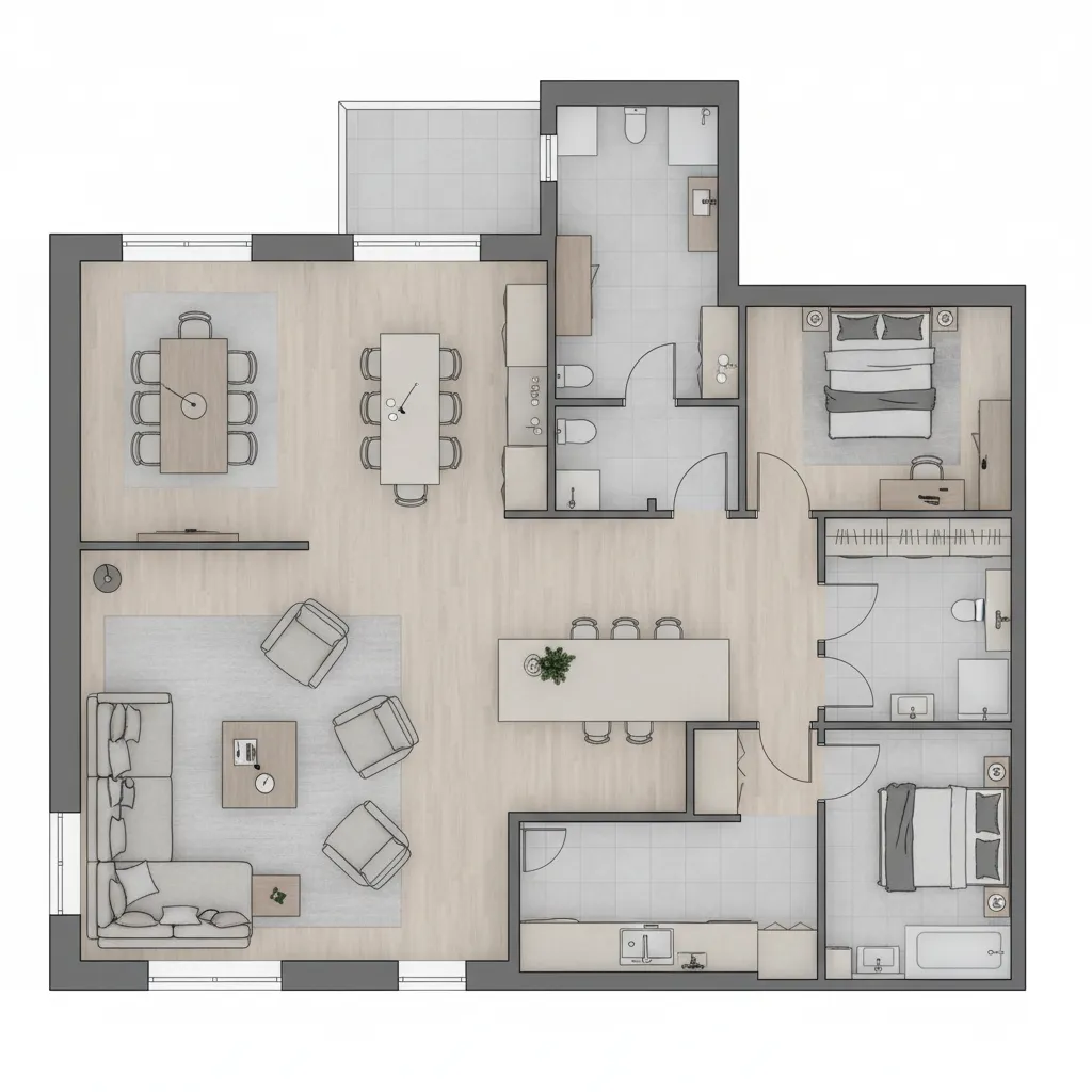 Top view digital apartment floor plan with furniture arrangement