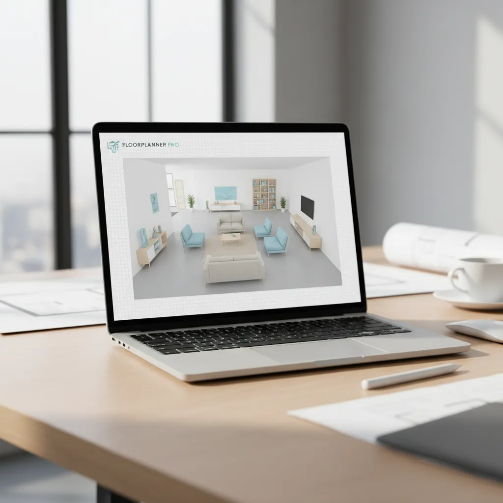 Laptop displaying a digital floor planner app with a living room layout grid