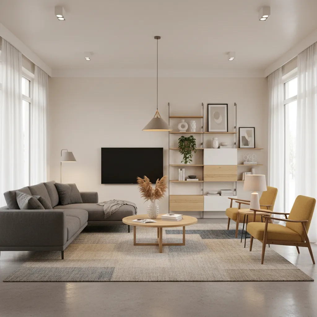 Digital furniture showroom scene with styled living room interior