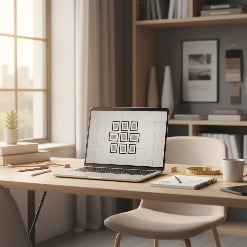 digital gallery wall layout planning on laptop screen with frame grid