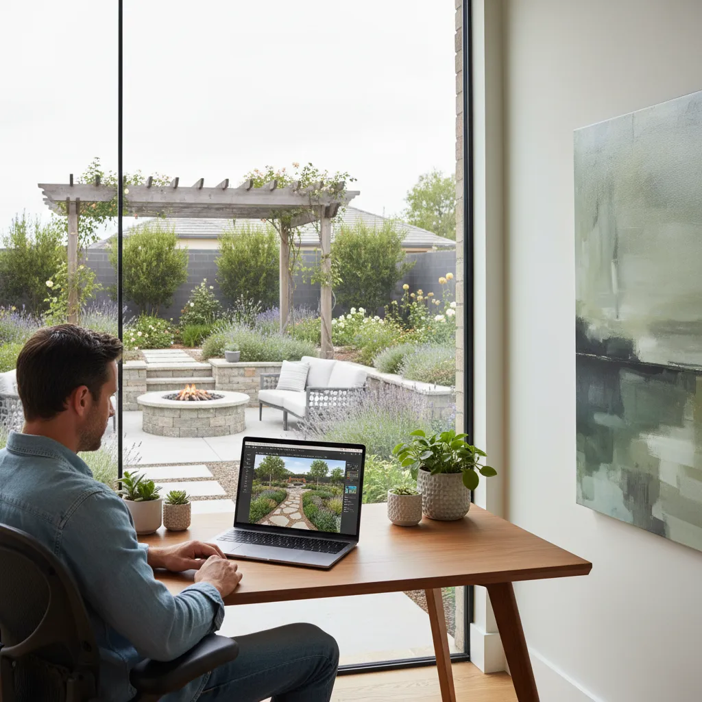 Homeowner planning backyard garden layout using landscaping software on laptop