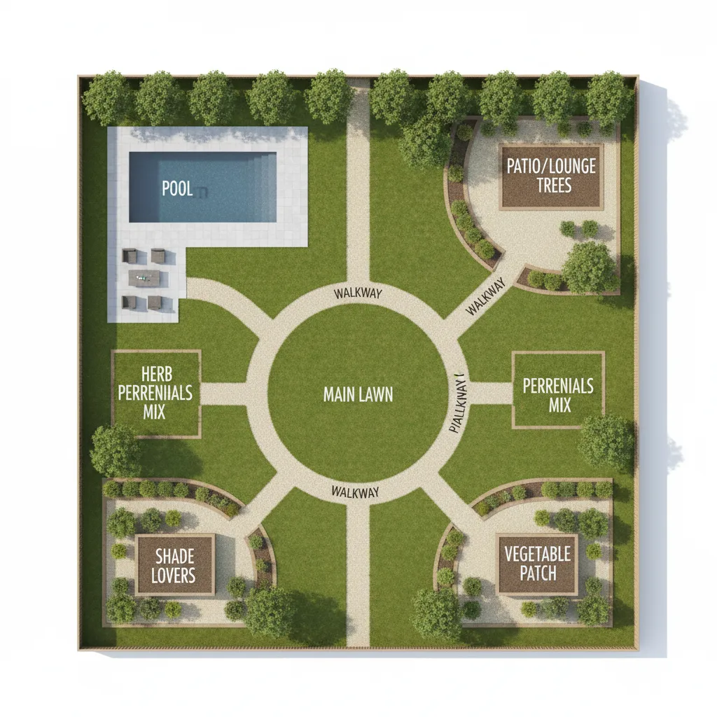 garden design layout with labeled planting beds and pathways