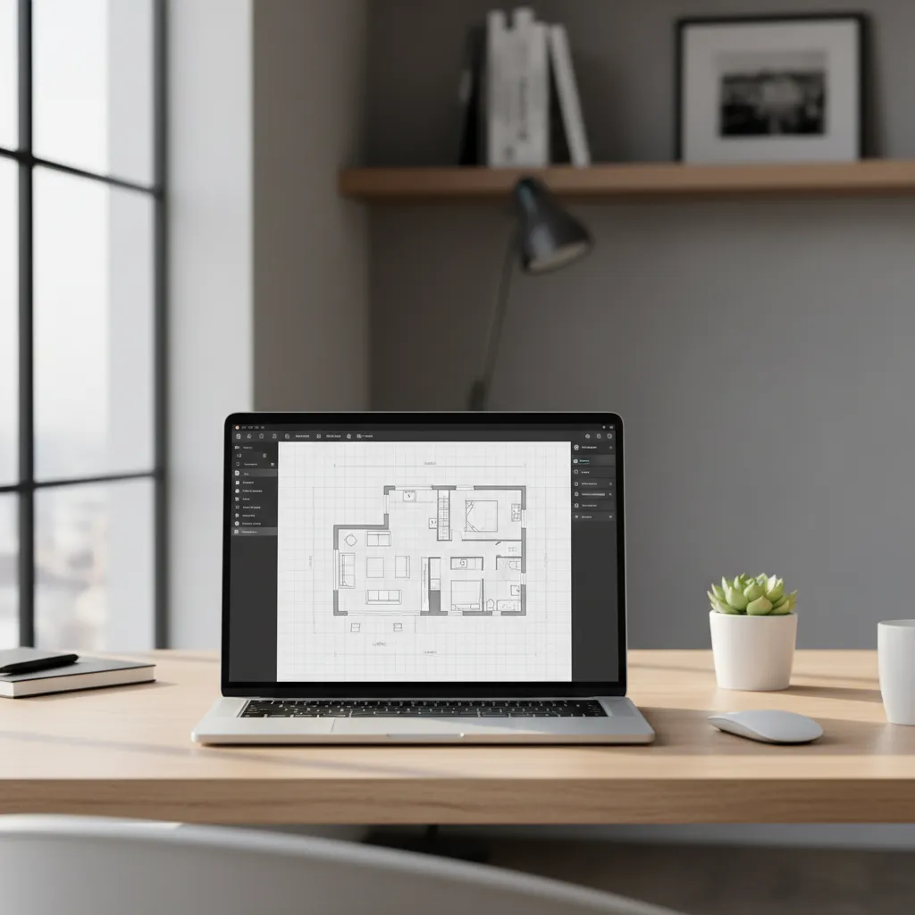 Laptop displaying home blueprint planning software with 2D floor plan layout