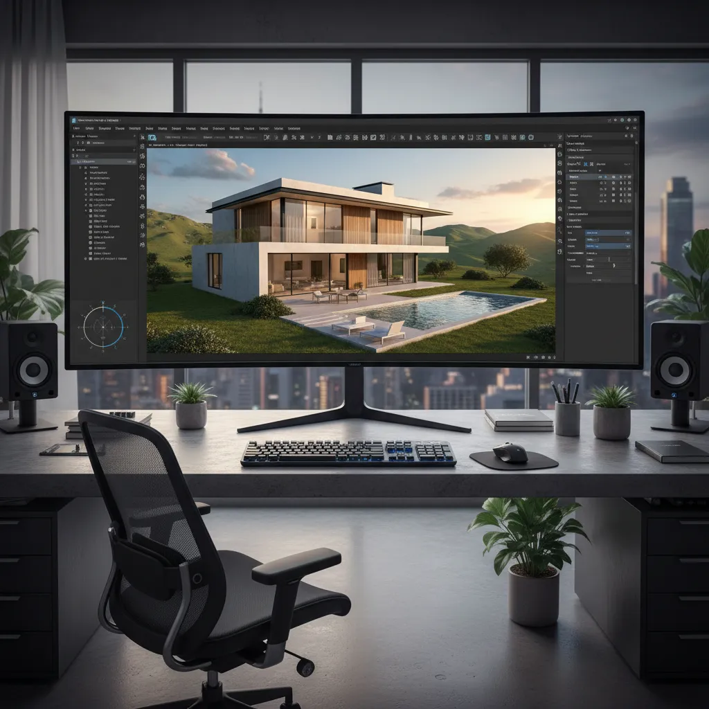 Interior design drawing of a modern house displayed on a large curved computer monitor screen