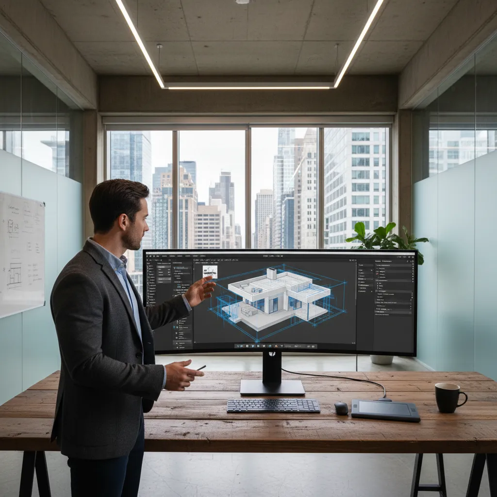 Diseñador revisando un plano digital de una casa moderna