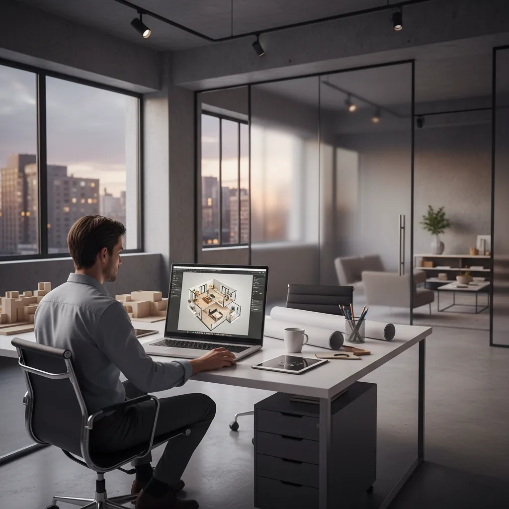 Designer working on a laptop displaying a 3D interior design drawing in a modern office
