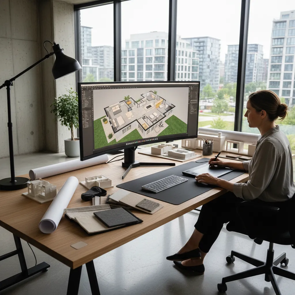 Persona diseñando plano de casa moderna en software 3D