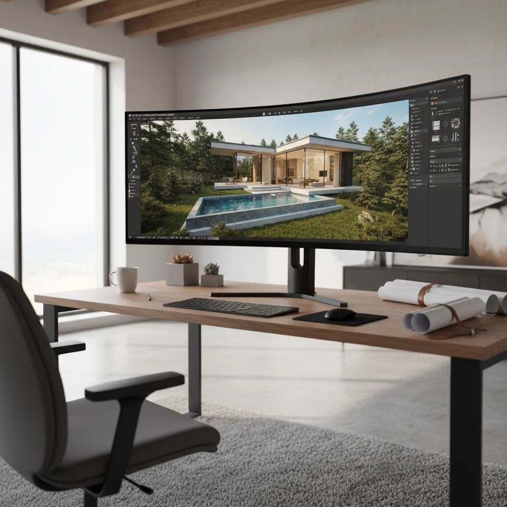 3D architectural rendering of a modern house design on a computer screen