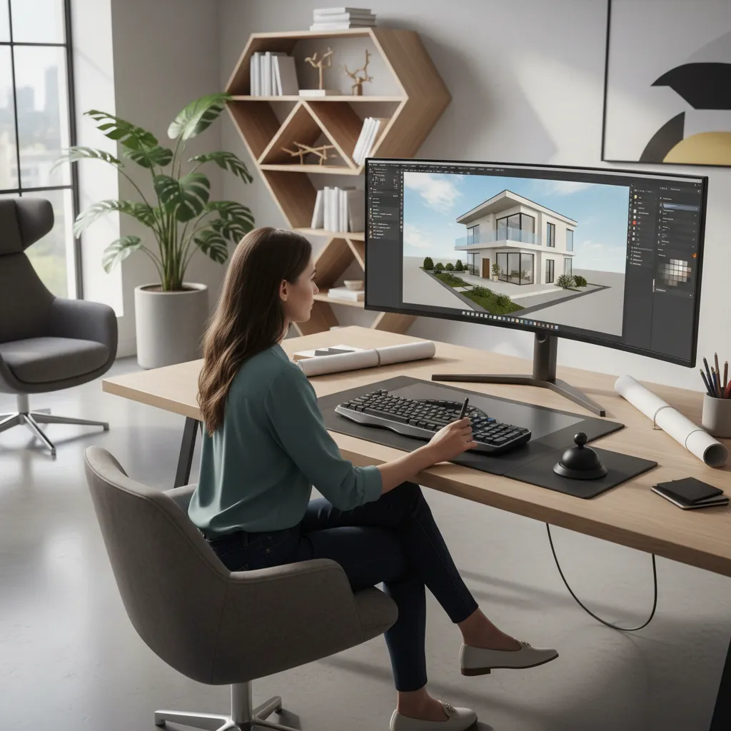 Woman using a professional interior design drawing software to create a modern house 3D model