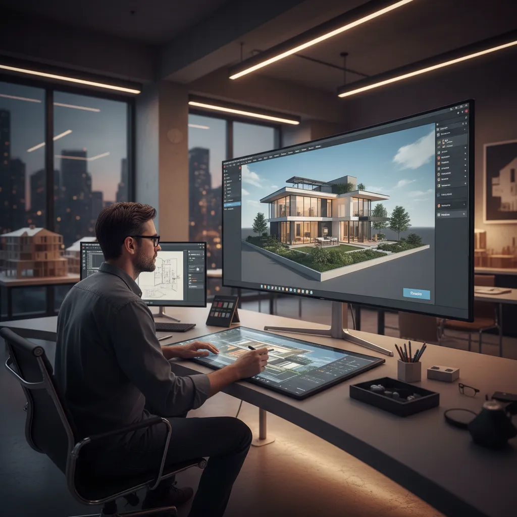 Designer using Coohom home design software on a large monitor to create a 3D house