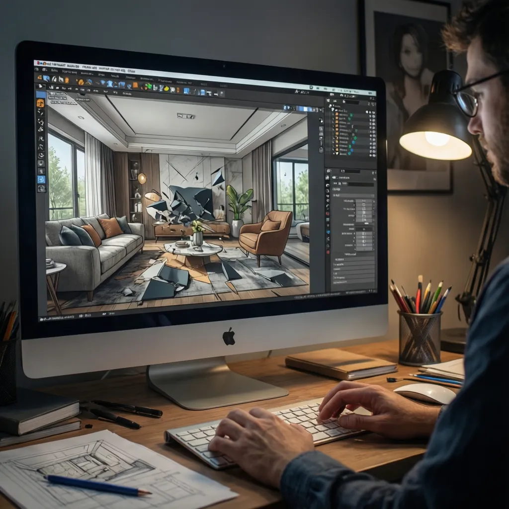 visualización digital de diseño interior en pantalla de ordenador