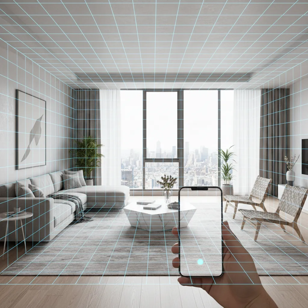 Smartphone scanning a living room to generate a digital floor plan