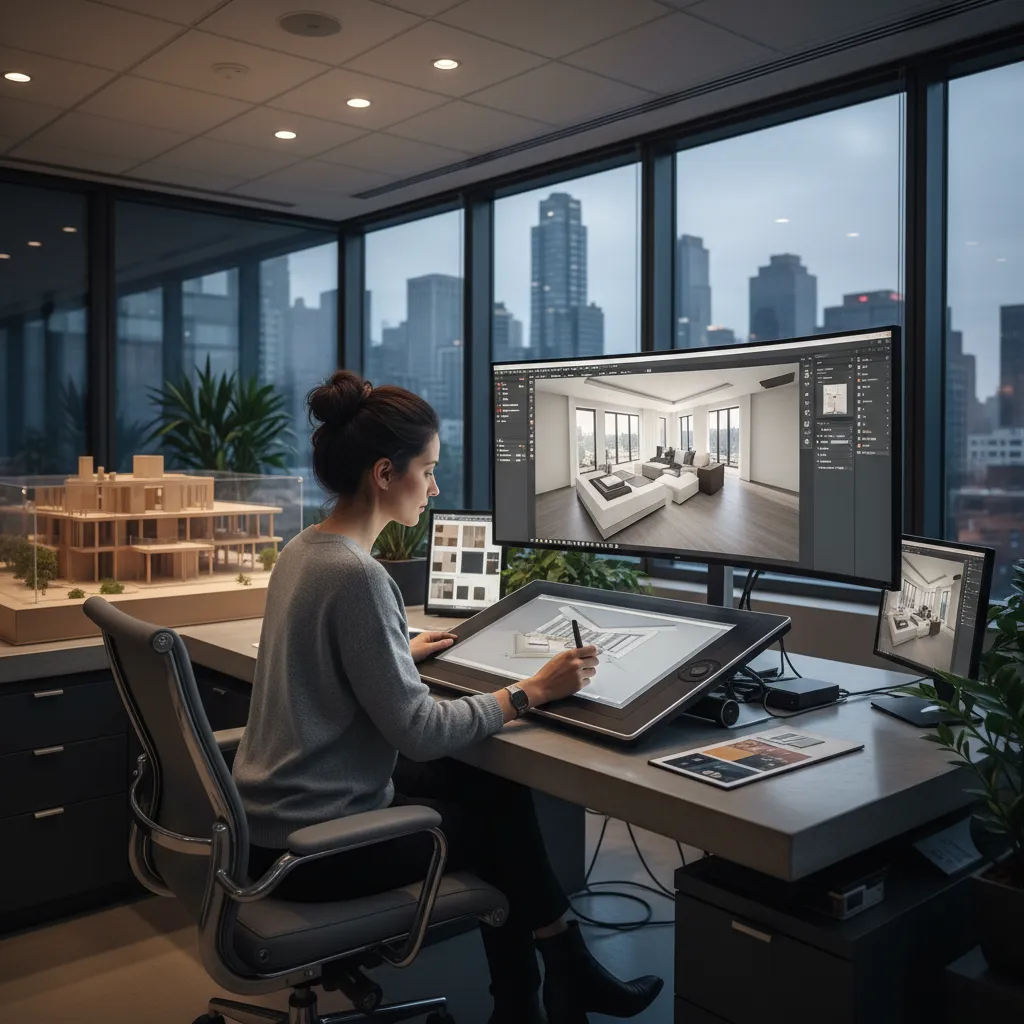 Persona diseñando plano de casa moderna en software de planificación de interiores