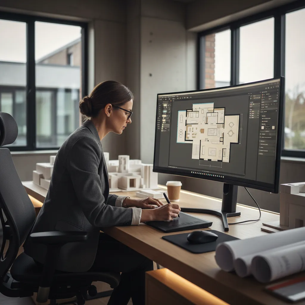 Professional designer using a pen tablet to create a room layout on a large desktop monitor