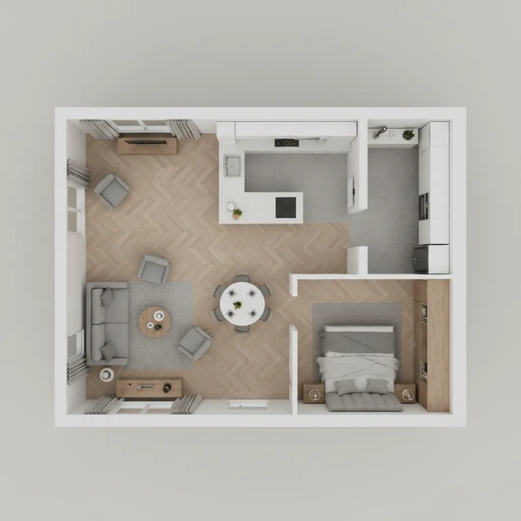 3D digital floor plan layout of a small UK apartment with furniture placement