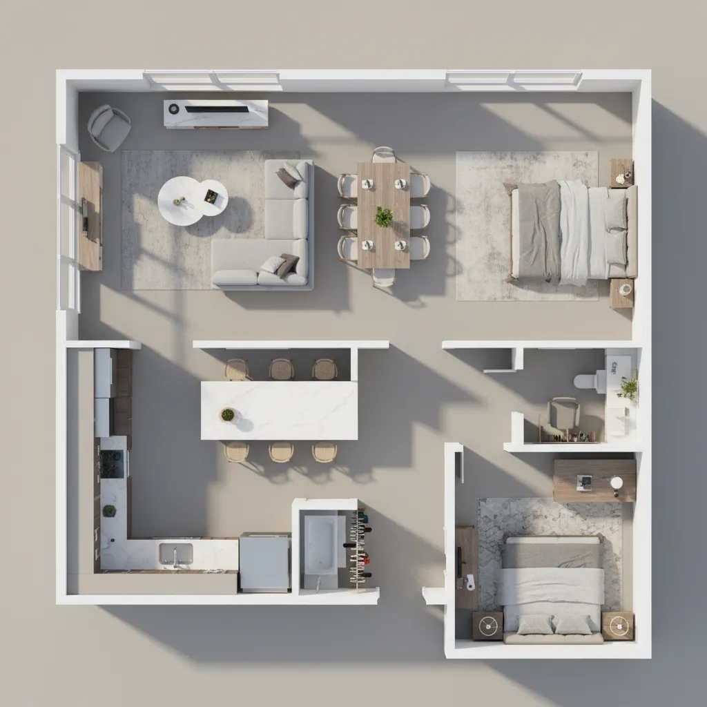 top view digital house floor plan layout with furniture arrangement