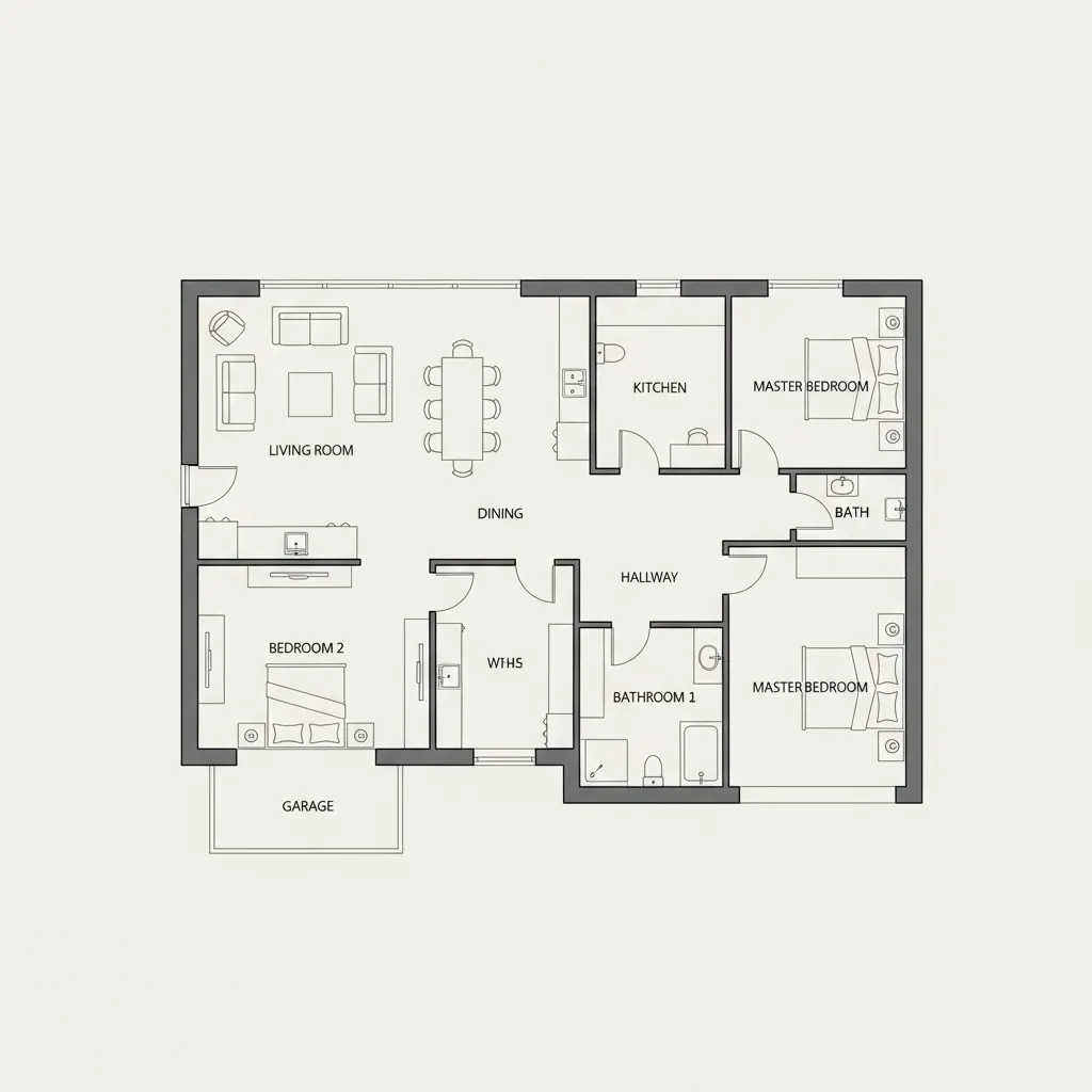 Digital home floor plan showing room layout and circulation paths