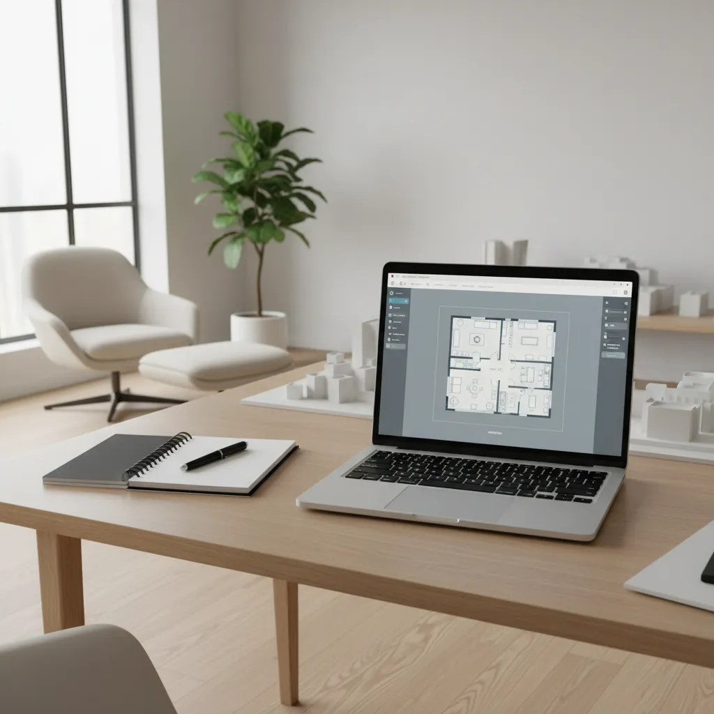 Laptop displaying home office layout planning software with desk and furniture arrangement